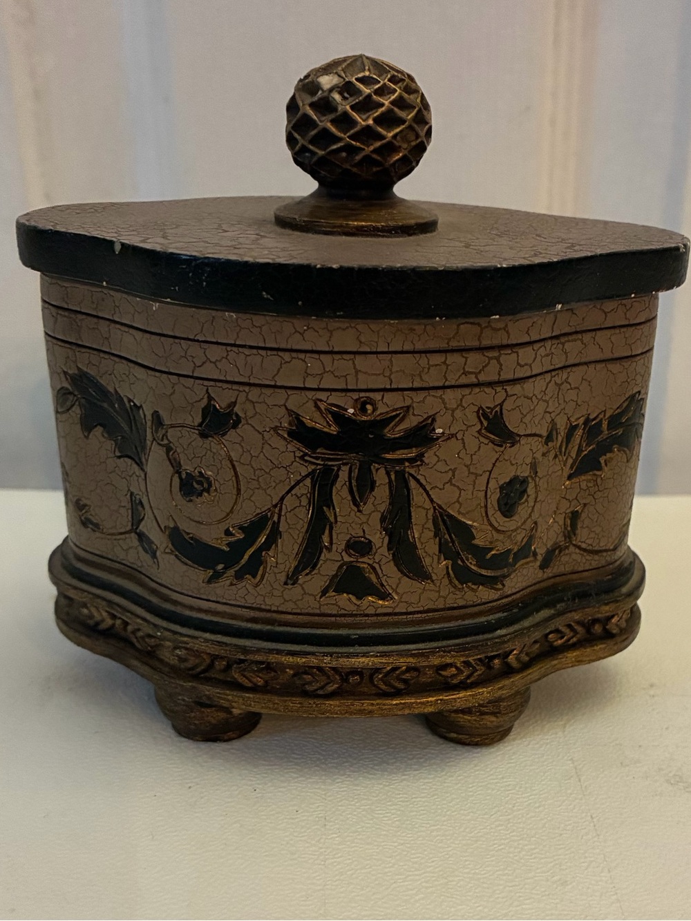 Vintage Sterling Industries Crackle Finish Footed Trinket Box Hand Painted